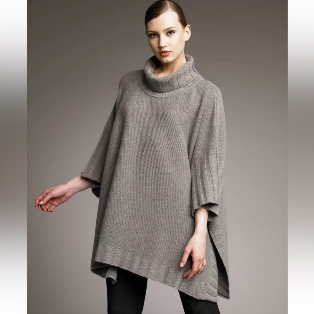 Mint ESKANDAR Cashmere Turtleneck Poncho Tunic Sweater Sz 0 Mushroom 38”